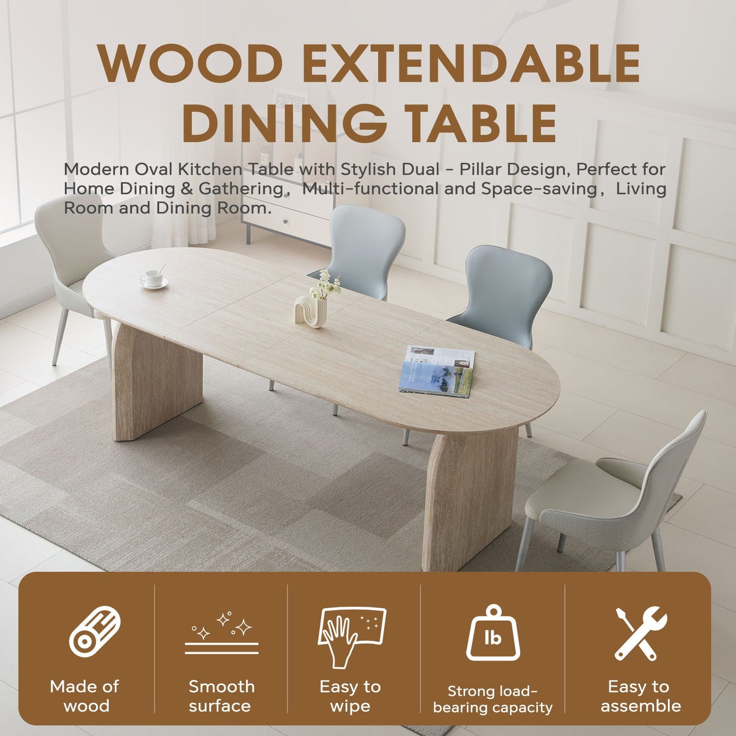 Oval Extendable Dining Table With Dual Pillar Design - Off White