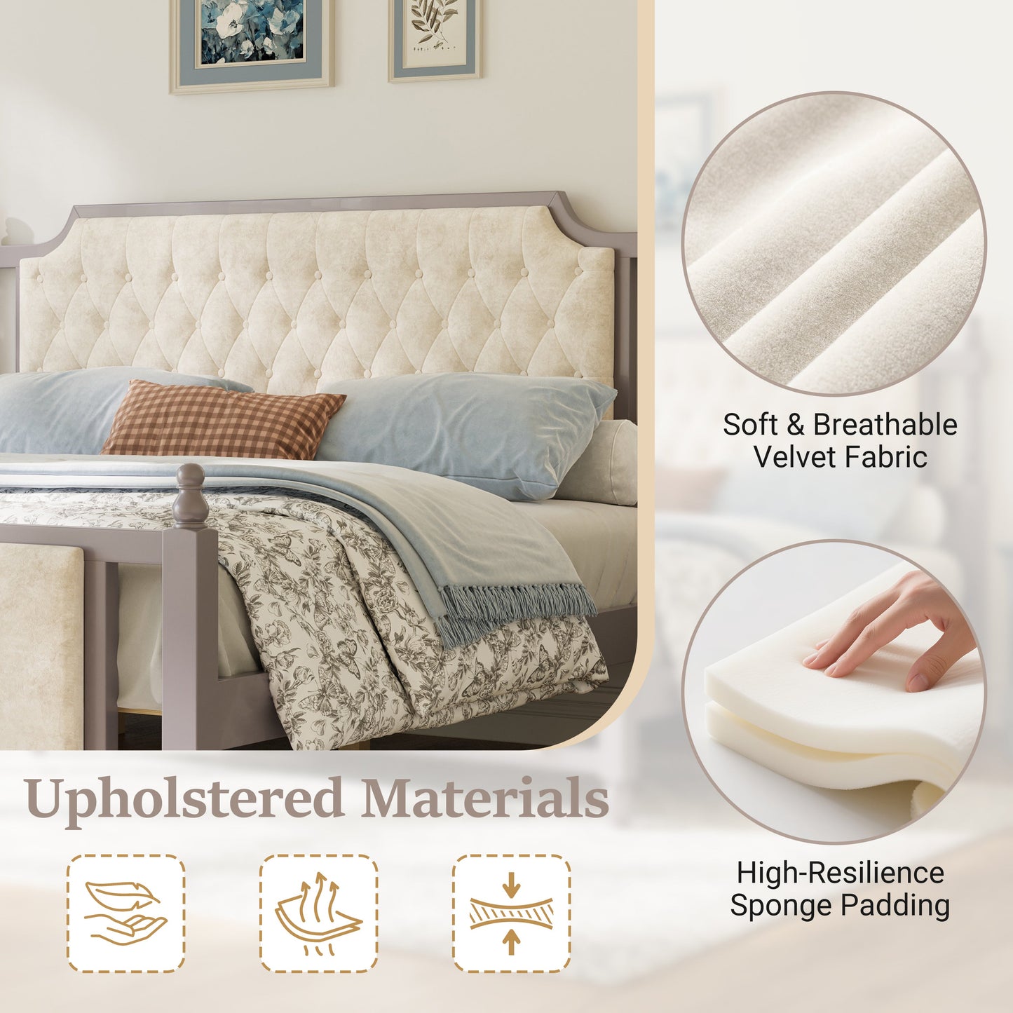 King Size Upholstered Platform Bed with Button Tufted Headboard