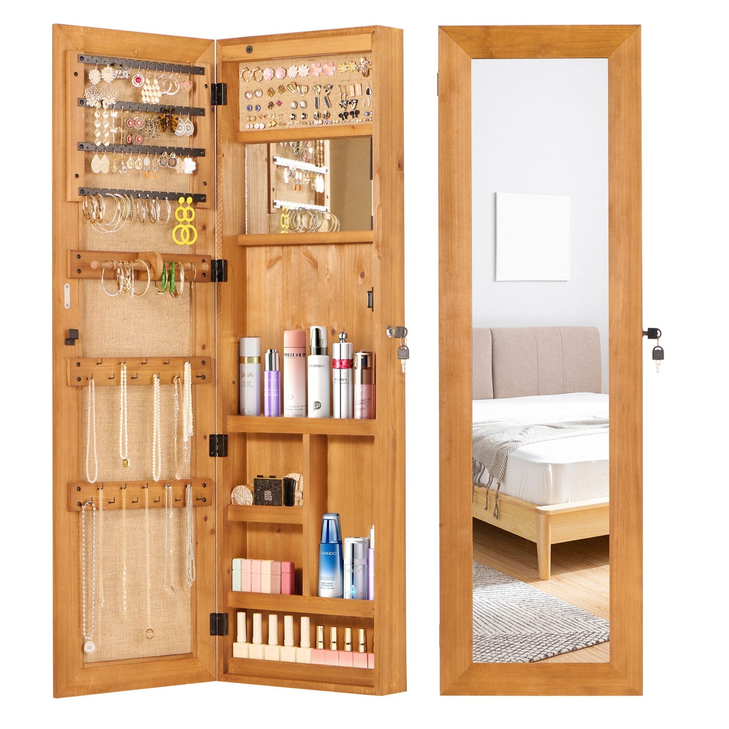 Jewelry Armoire Organizer With Full Length Mirror, Wall Mounted Lockable Cabinet With LED Light