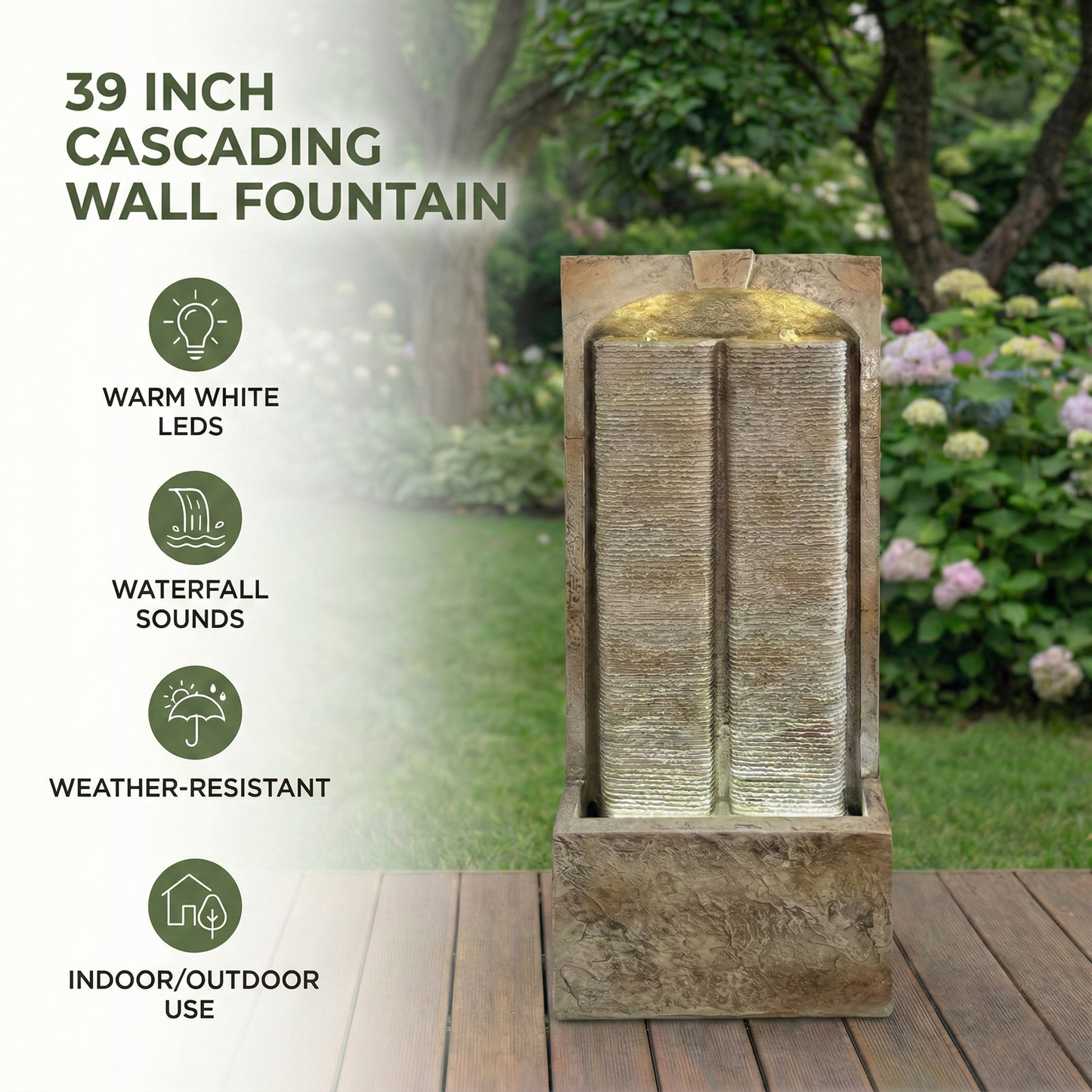 39 Inch Outdoor Water Fountain with Pump and LED Lights