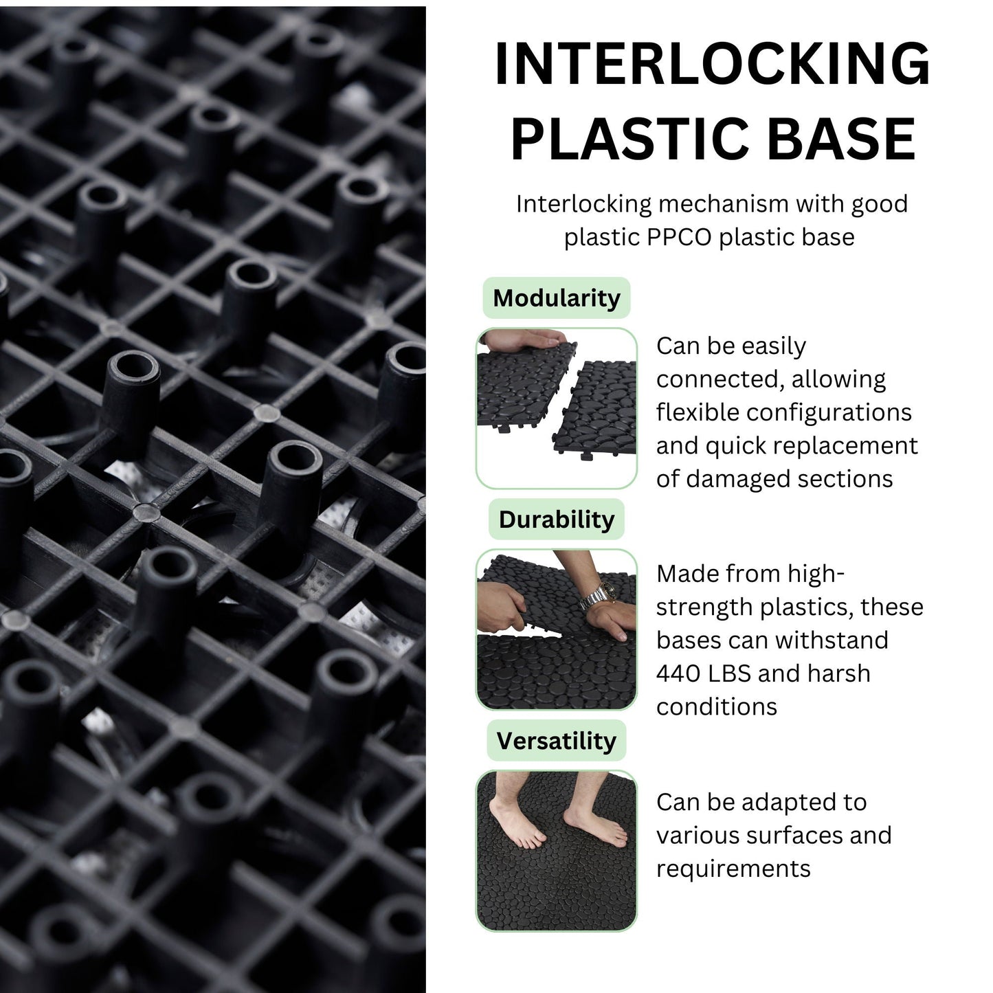 Interlocking Deck Tiles Plastic Waterproof Outdoor All Weather Anti-Slip Bathroom Shower Balcony Porch Strong Weight Capacity Upto 440 Lbs, Pebble Stone Pattern