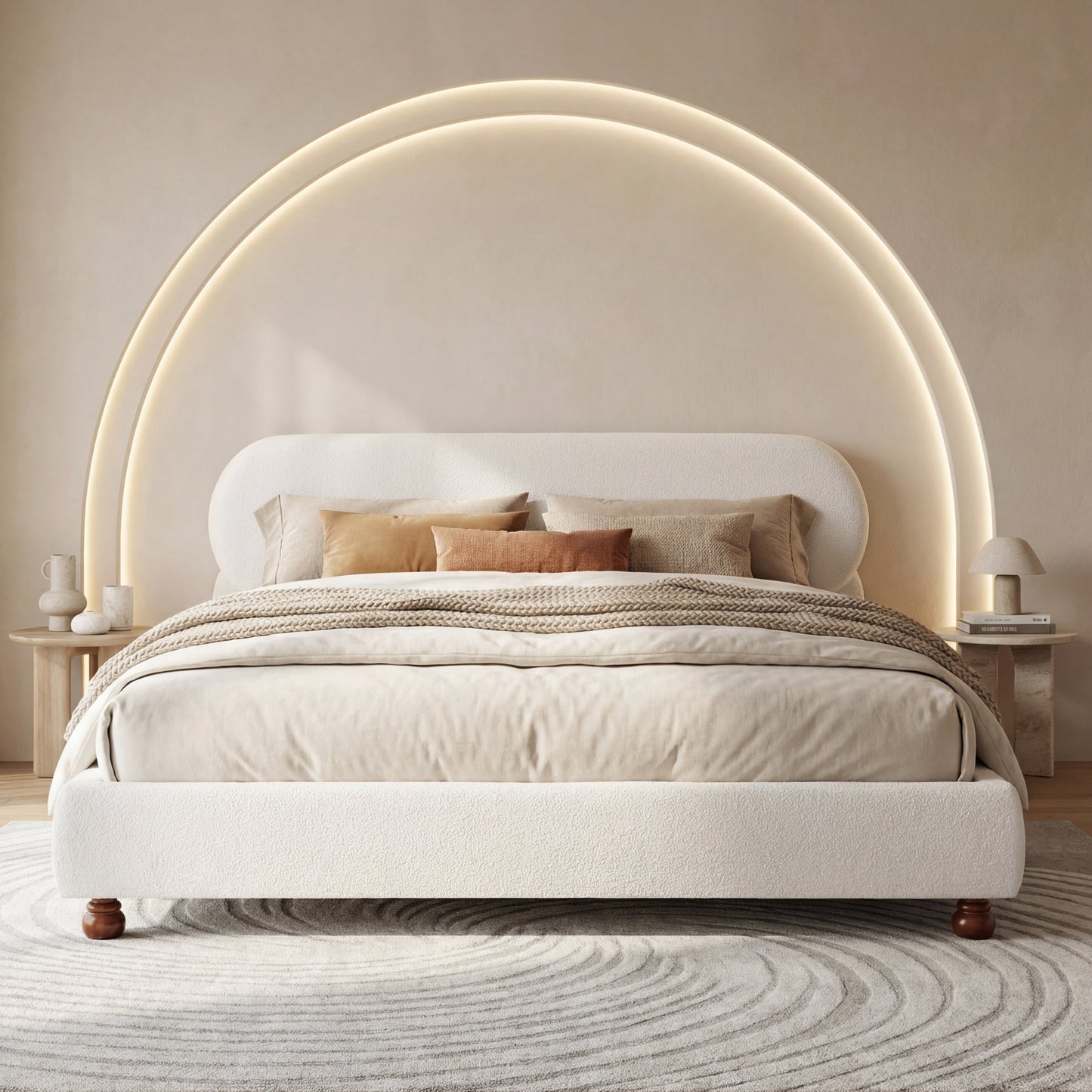 Cream-Colored Boucle Upholstered Bed with Rubber Wood Foot, King