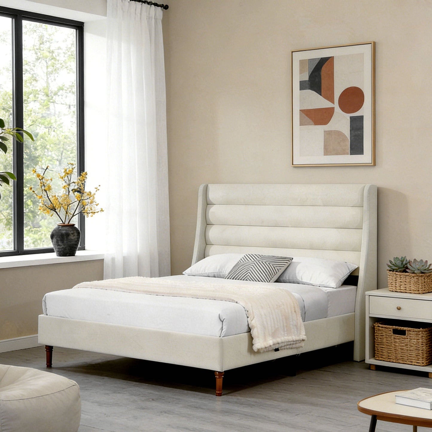 Modern Upholstered Platform Bed With Wave Shaped Headboard