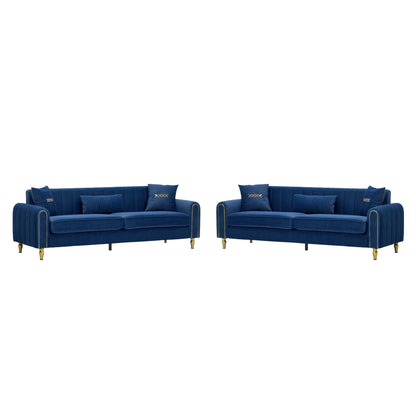 Vintage Blue Velvet 2-Piece Sofa Set