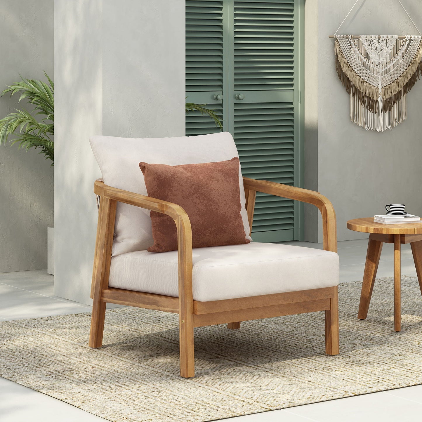 Outdoor Lounge Chair With Woven Backrest and Solid Wood Frame