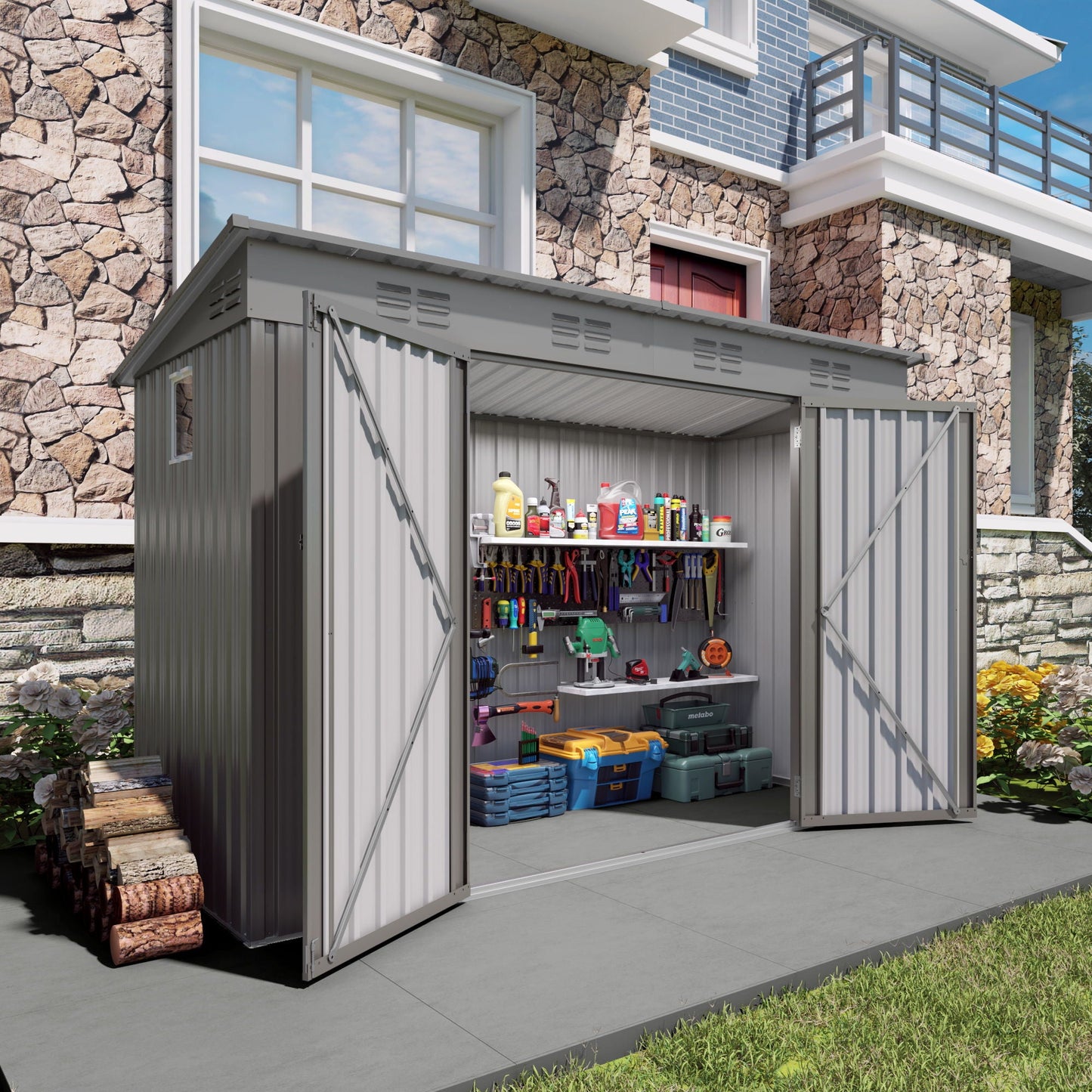 Outdoor Storage Shed, Tool House With Sloping Roof, 6 Vents And 2 Swing Doors For Backyard - Gray