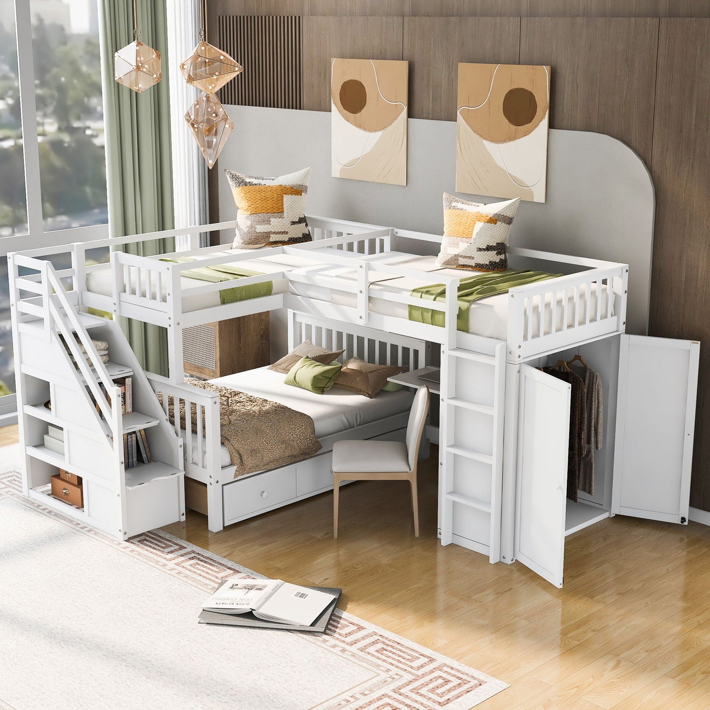 L Shaped Bunk Bed With 3 Drawers, Portable Desk And Wardrobe