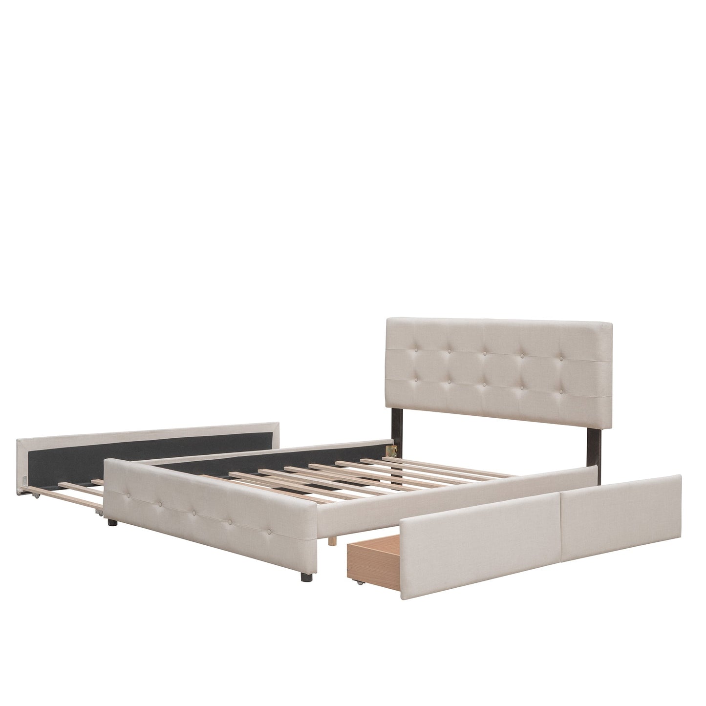 Upholstered Platform Bed with 2 Drawers and 1 Twin XL Trundle,  Linen Fabric, Queen Size - Dark Beige(OLD SKU :LP100314AAA)