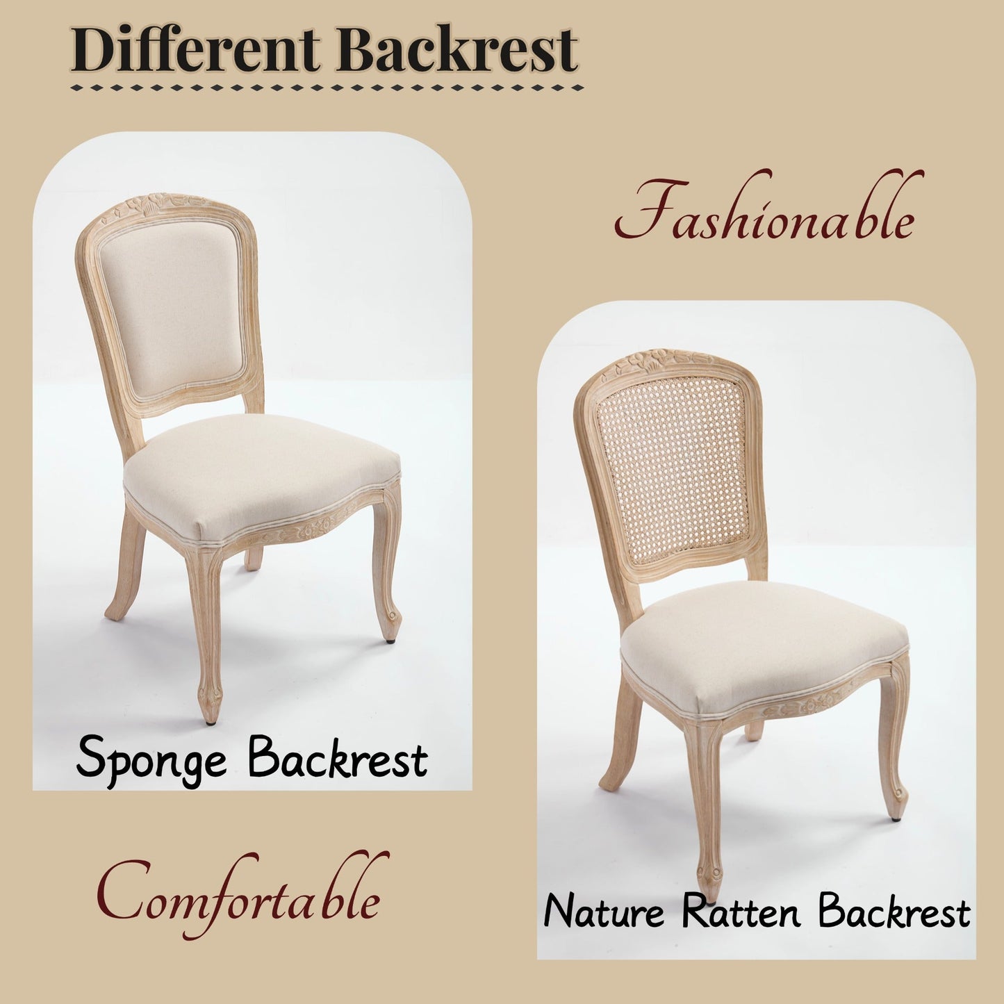 French Country Dining Chairs Set of 2, Upholstered with Rattan Fan-shaped Back