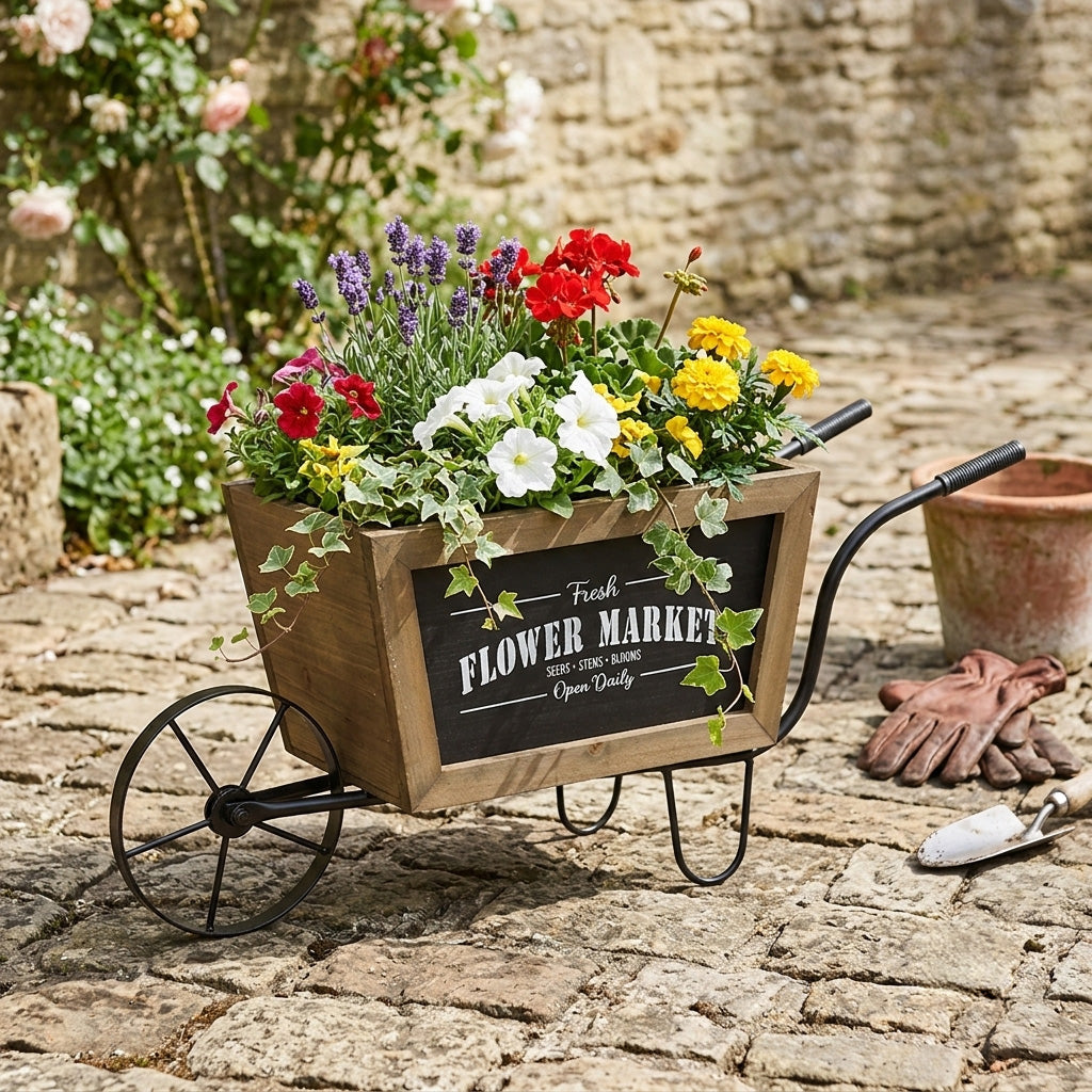 Farmhouse Wheelbarrow Planter with Flower Market Sign
