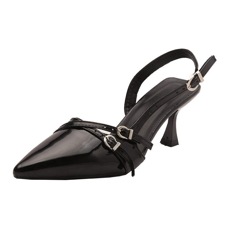 Women 2026 Summer New Pointed Toe Kitten Heel Closed Toe Sandals, British Style High Heels With Single Strap Buckle