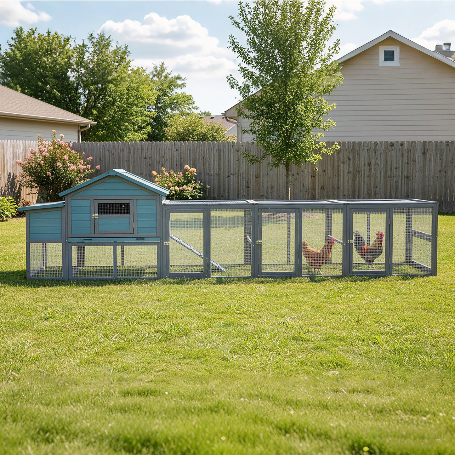 141" Large Wooden Chicken Coop with Nesting Box and Wire Fence