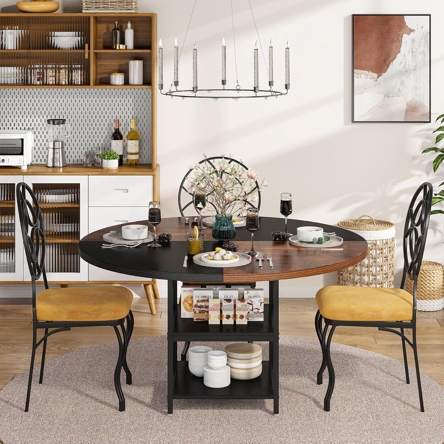 Round Dining Table For 4 With Storage Shelf - Brown / Black