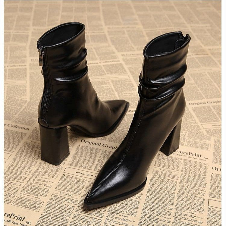 Pointed-toe Velvet-lined Warm High-heeled Boots For Women