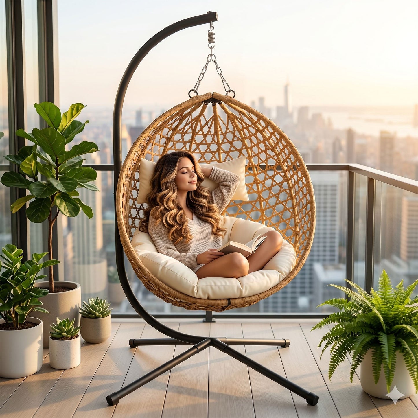 Folding PE Rattan Hanging Egg Chair with Stand