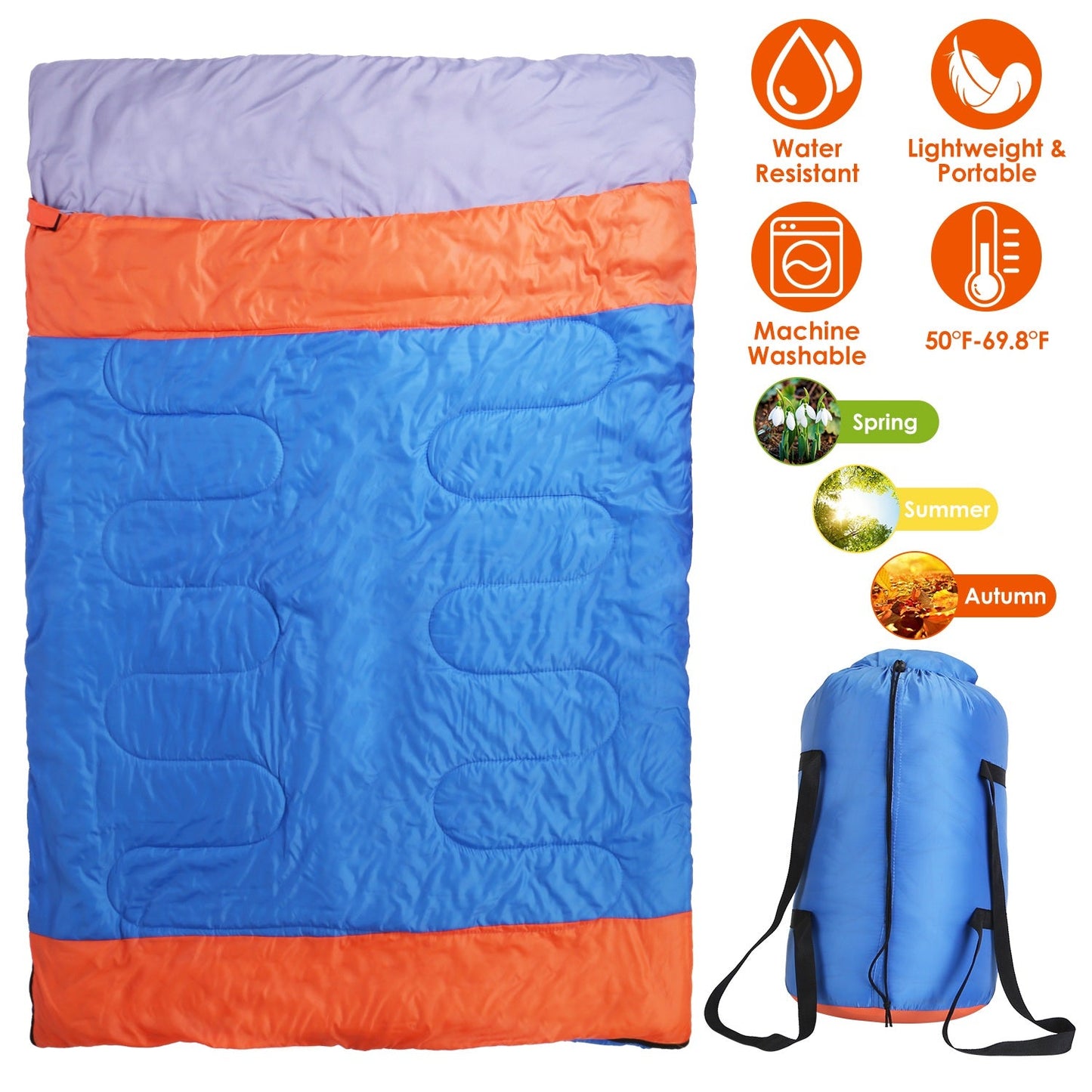 2 People Sleeping Bag for Adult Kids Lightweight Water Resistant Camping Cotton Liner Cold Warm Weather Indoor Outdoor Use 3 Season with Sack for Spri