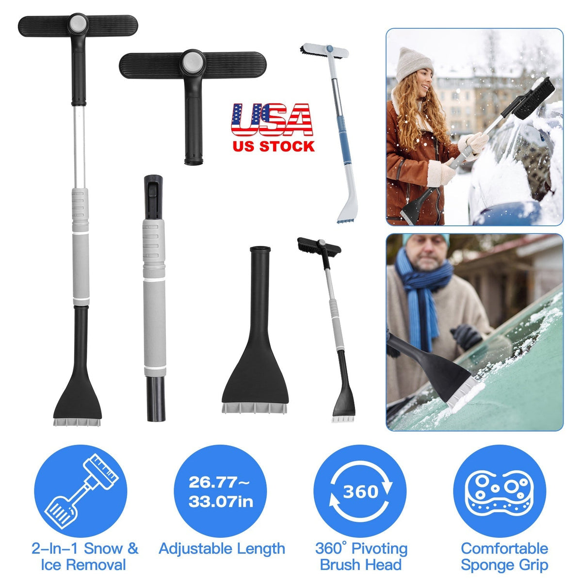 2 In 1 Ice Scraper Extendable Car Snow Brush Telescopic Snow Removal Tool Automobile Snow Shovel Frost Removal with 360¡ Pivoting Brush Head Sponge Gr