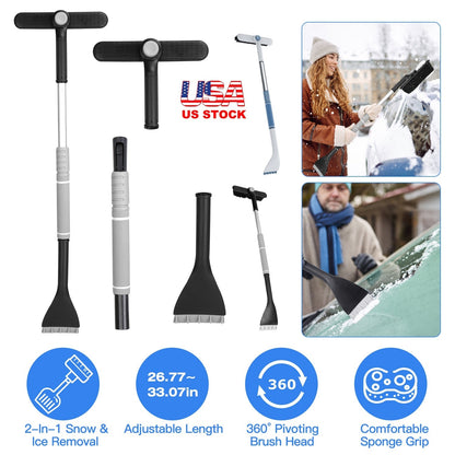 2 In 1 Ice Scraper Extendable Car Snow Brush Telescopic Snow Removal Tool Automobile Snow Shovel Frost Removal with 360¡ Pivoting Brush Head Sponge Gr
