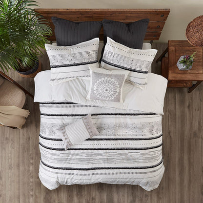 Cotton Printed Comforter Set with Trims Black/White Full/Queen