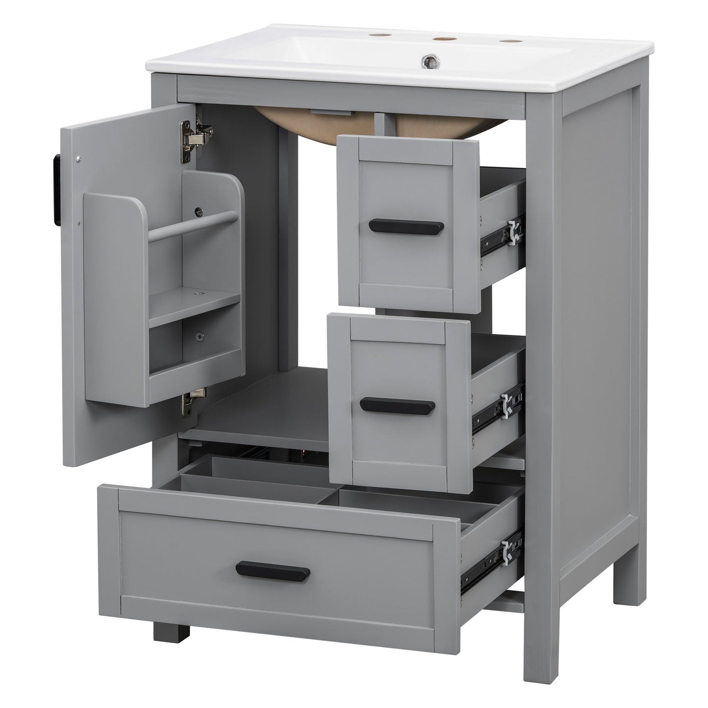 Bathroom Vanity With Sink, Soft Close Door, Double Layer Door Shelf And 3 Drawers - Gray