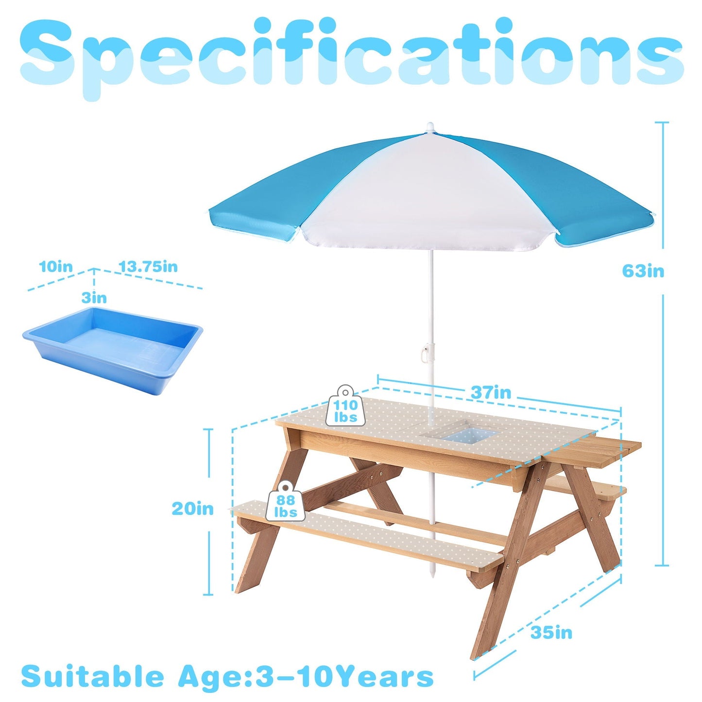 3-In-1 Kids Outdoor Wooden Picnic Table With Umbrella
