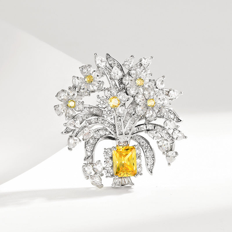 Exquisite Floral Basket Yellow-diamond Brooch Niche Design Statement Corsage