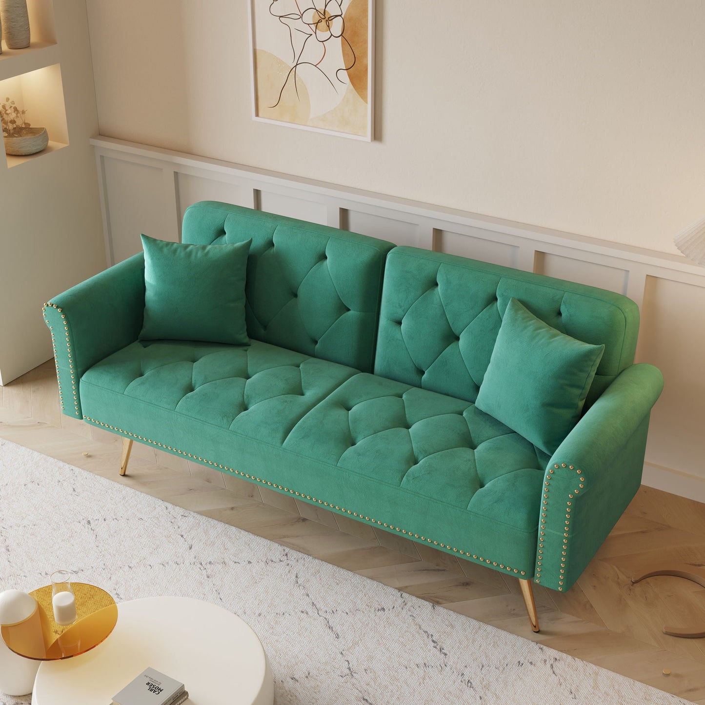 Luxurious Sofa Bed With Nail Head Trim And Matching Pillow