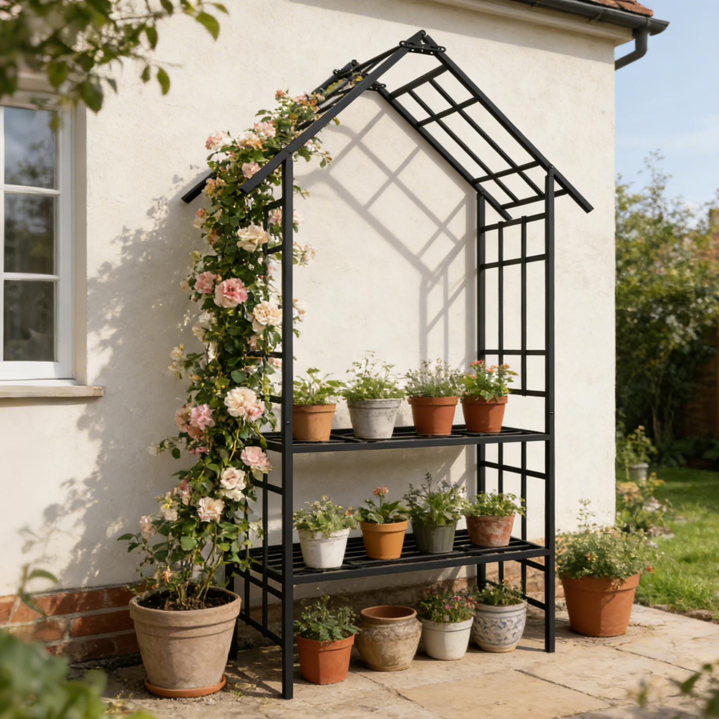 Metal Garden Arch with Bench Turned into Flower Stand