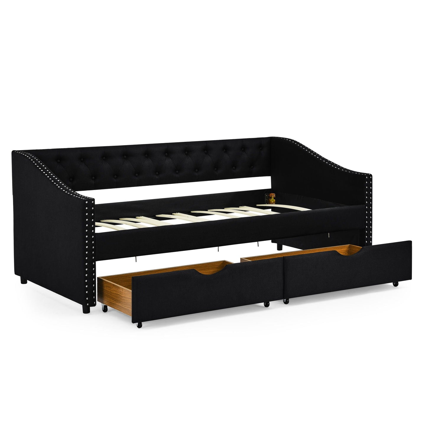 Upholstered Tufted Daybed With 2 Drawers, Waved Arms