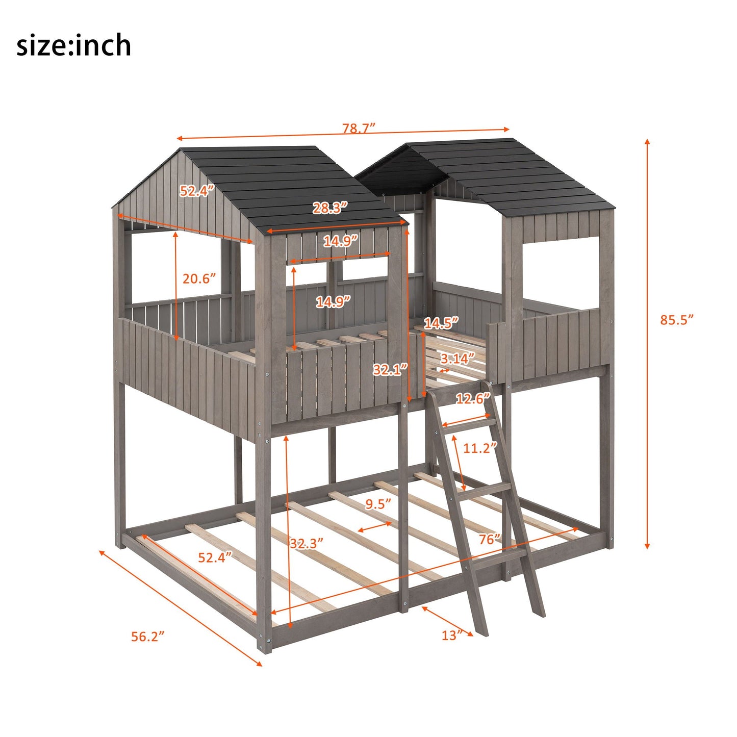 Bunk Bed With Roof, Window, Guardrail, Ladder