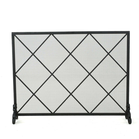Minimalist Single Panel Iron Fireplace Screen with Diamond Design