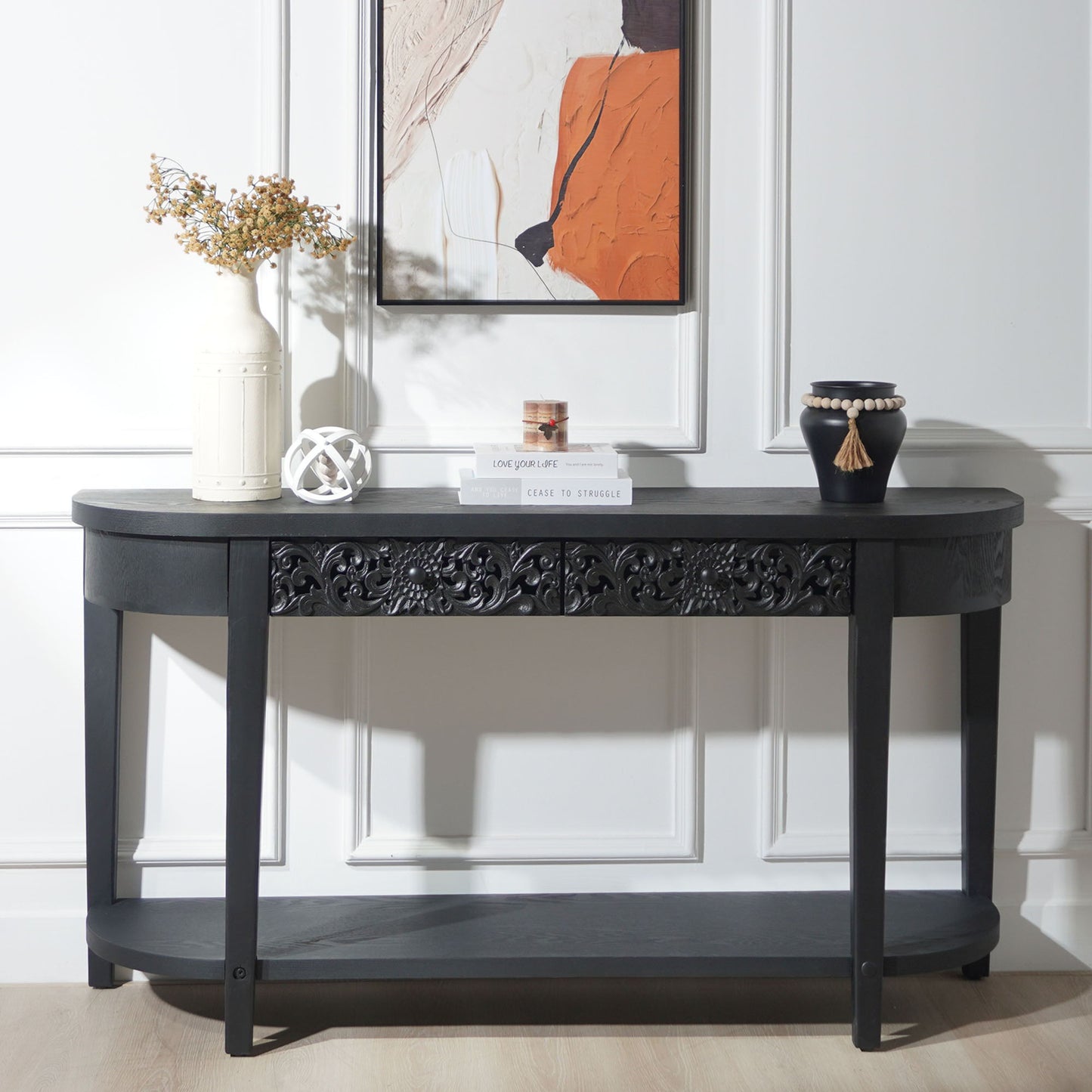 Carved Console Table With Storage Shelf For Living Room - Black