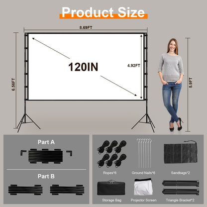120inch Projector Screen with Stand 16:9 4K HD Rear Front Wrinkle-Free Portable And Foldable Movie Screen with Carry Bag For Indoor Outdoor Home Theat