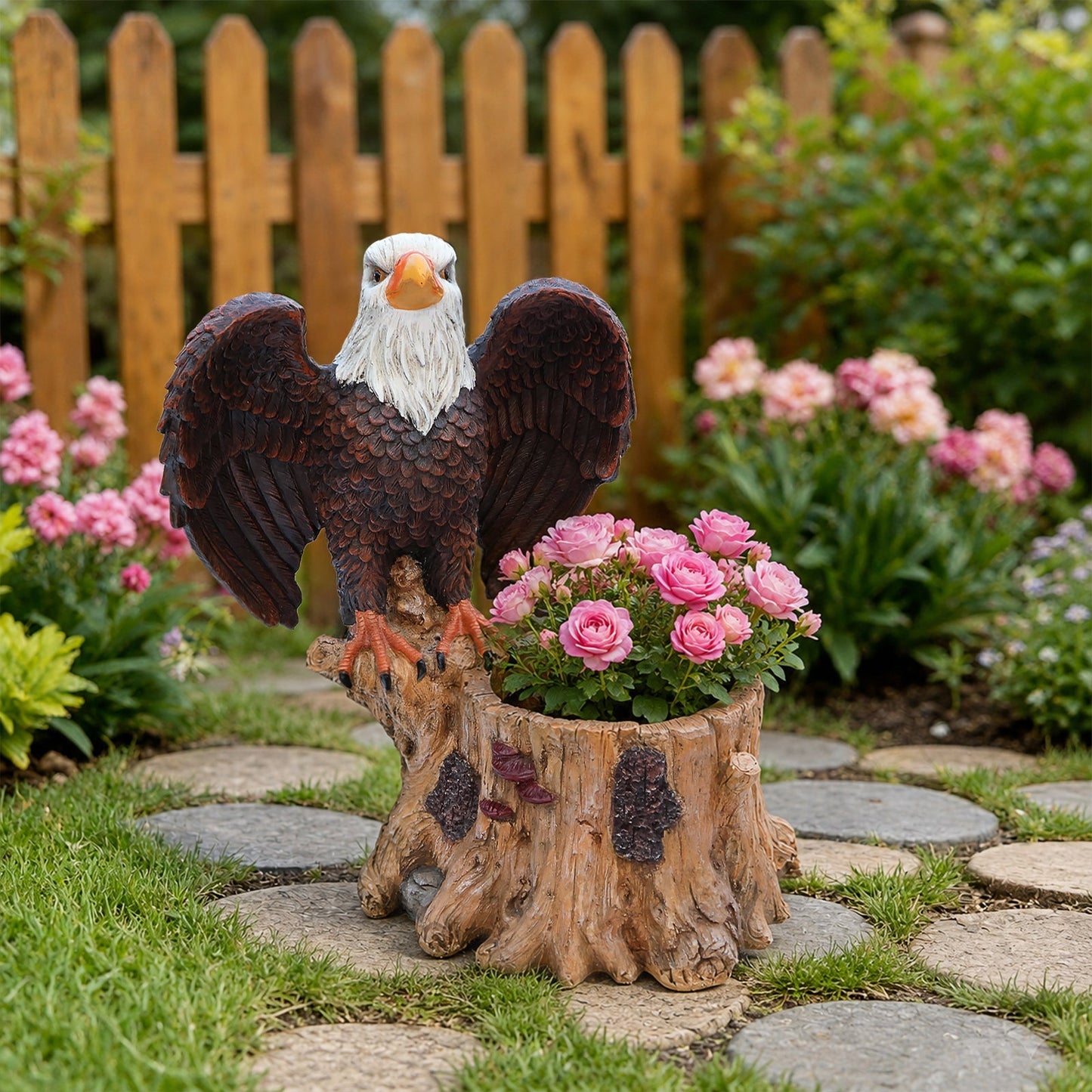 Majestic Eagle Garden Planter Pot on Tree Stump Base