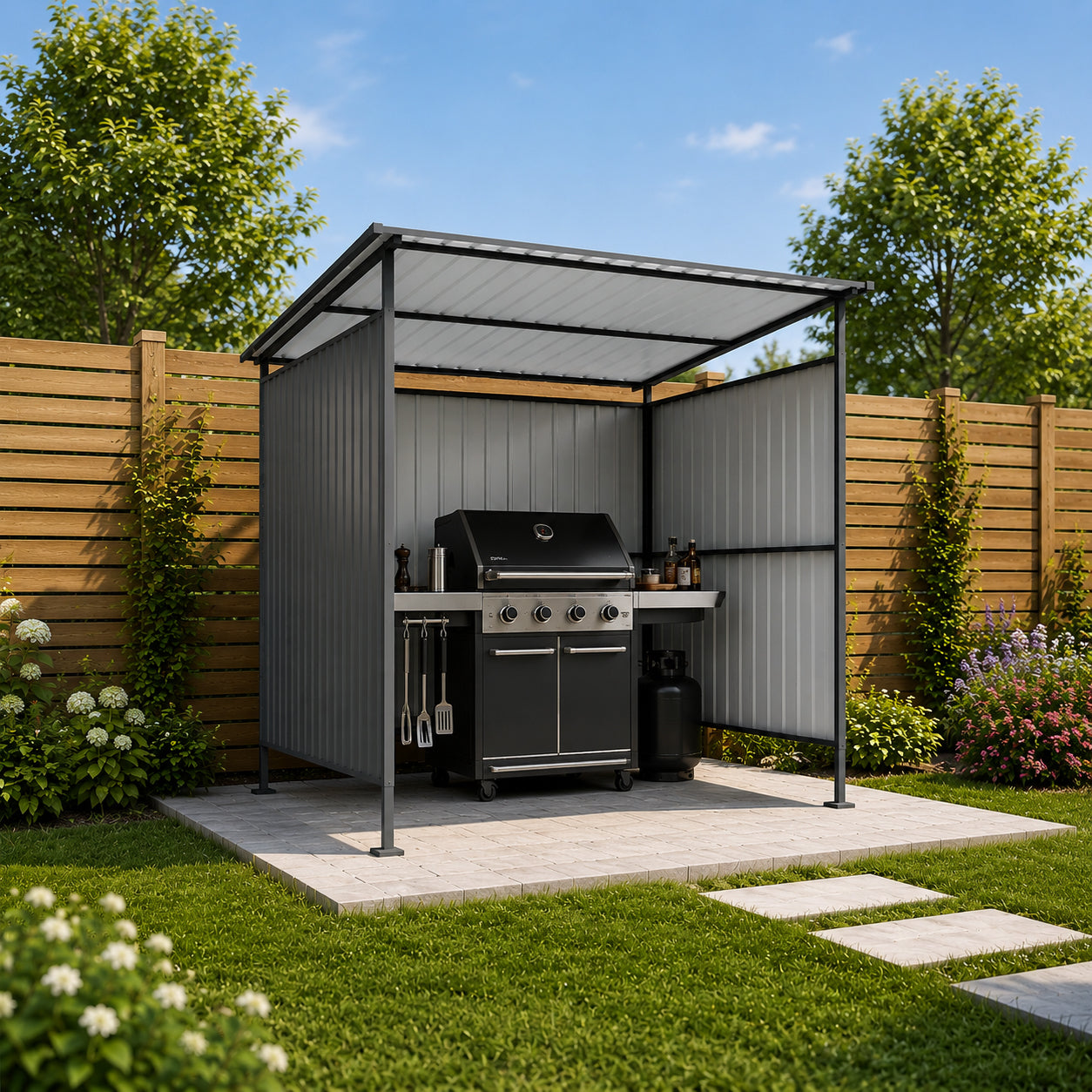 6x6FT Outdoor Pergola with Hardtop Roof, Lean-to Metal Shelter