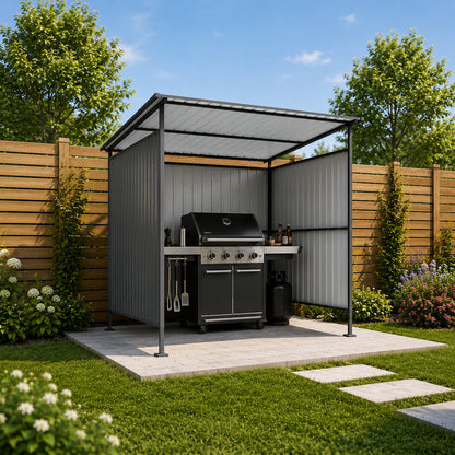6x6FT Outdoor Pergola with Hardtop Roof, Lean-to Metal Shelter