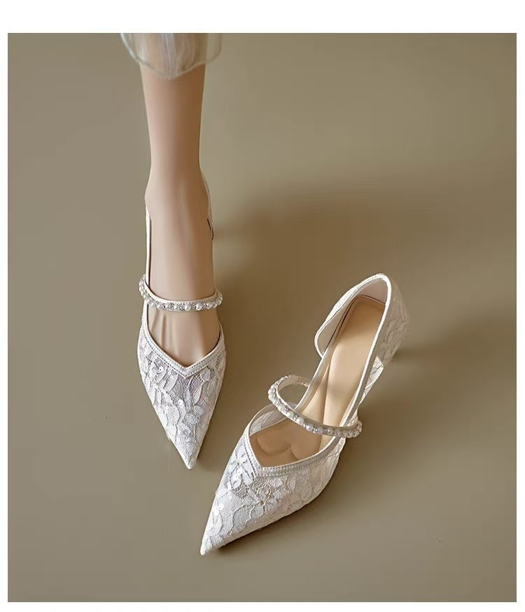 2026 New Fashion Mesh Strap Women's Mary Jane Shoes, Low Cut Pointed Toe Wedding Shoes, Thin High Heels Matching Dresses