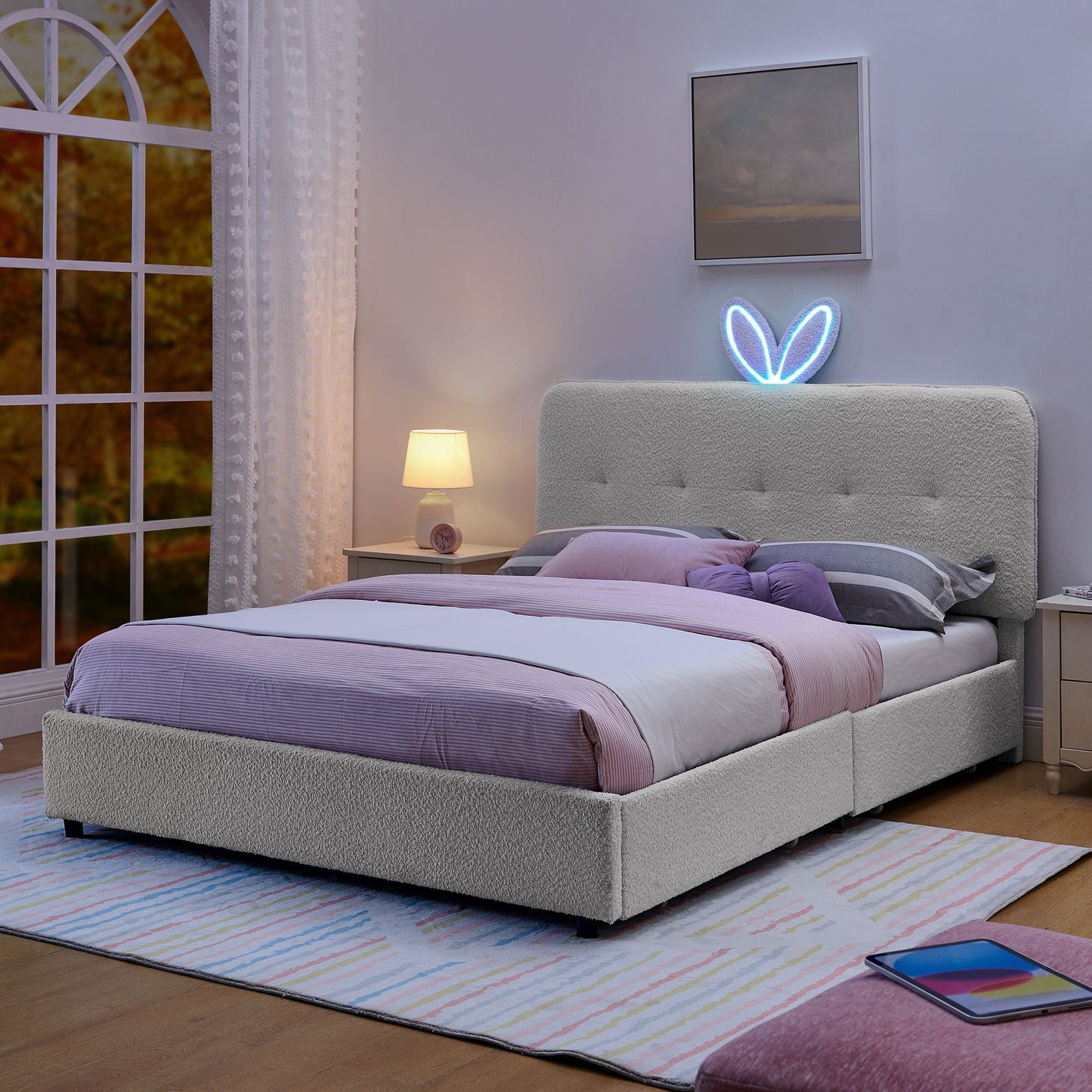 Upholstered Bed With Oversized Rabbit Ear Headboard, LED Lights & 4 Storage Drawers