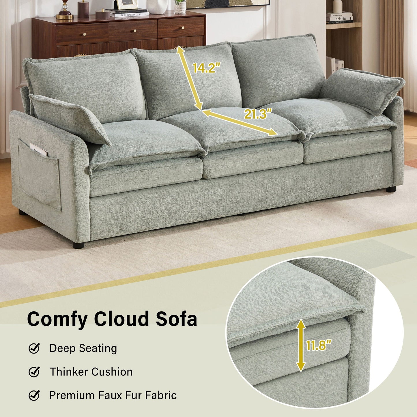 Modern 3 Seater Sofa With Side Storage Pockets For Living Room