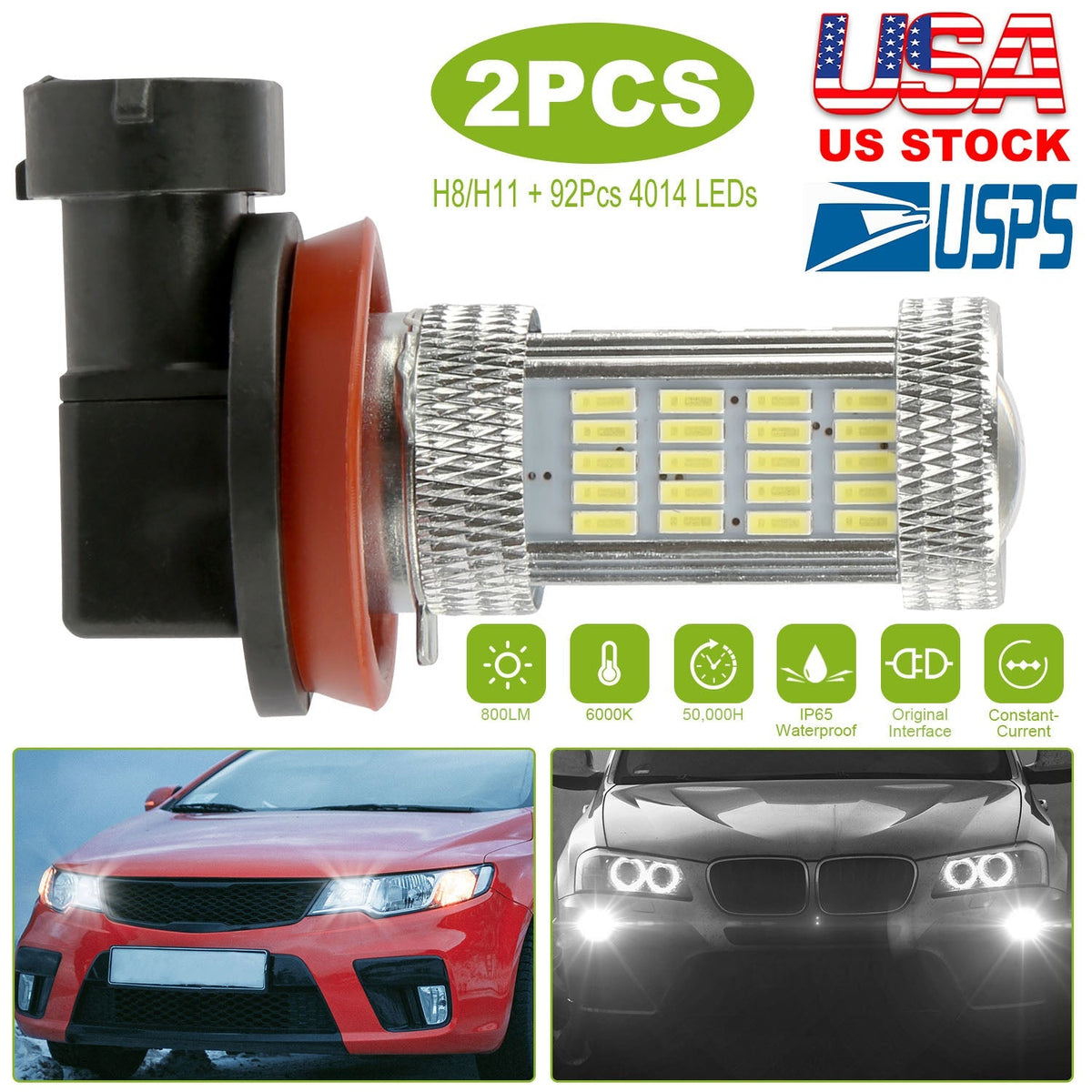 2PCS 800lm H8/H9/ H11 LED Fog DRL Light Bulb IP65 Water-Resistant 360¡ Beam Angle 6000K White