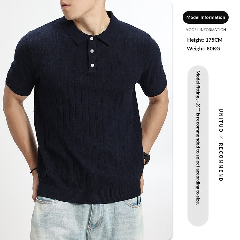 Mens Light-Luxury Rib-Knit Polo Shirt