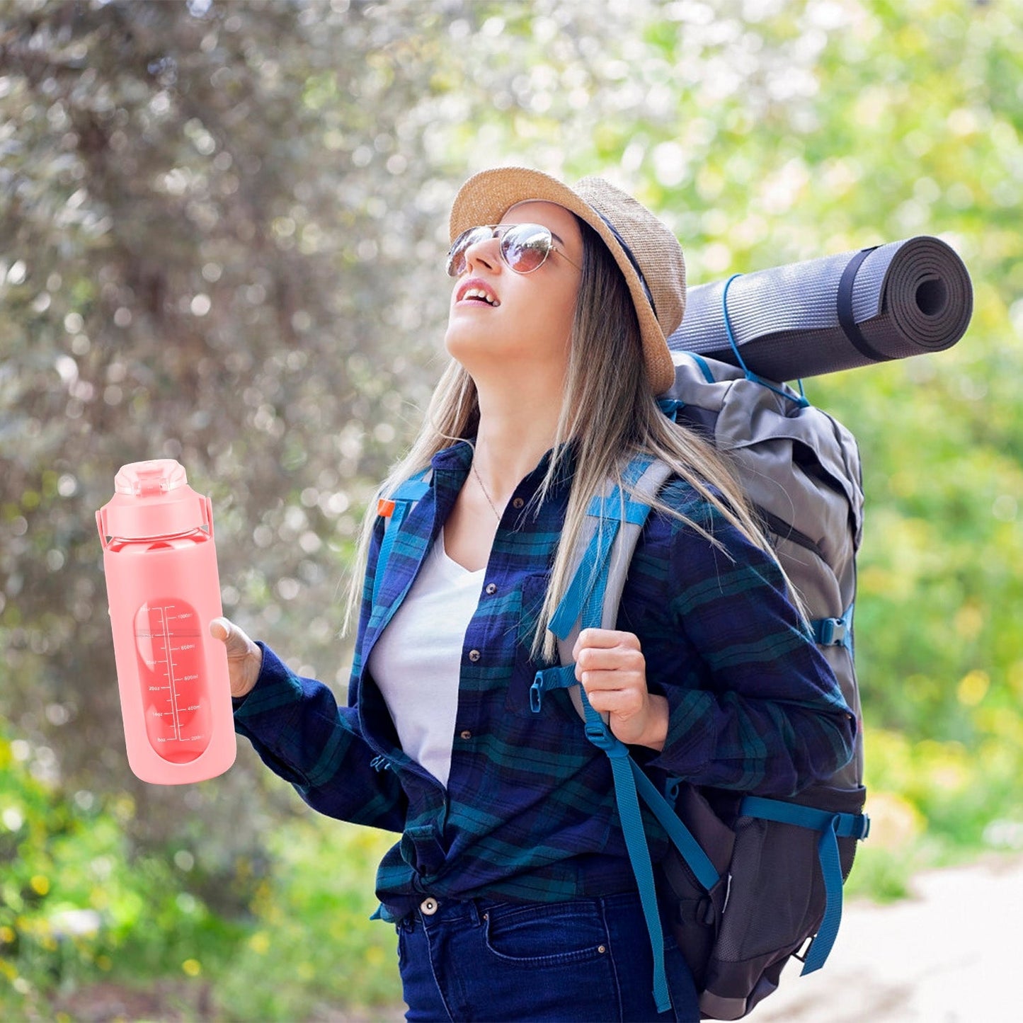 64Oz Glass Water Bottle Sports Water Bottle Motivational Water Bottle Water Intake Tracker Bottle with Straw Time Marker Silicone Sleeve Handle for Gy