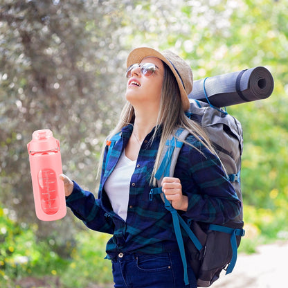 64Oz Glass Water Bottle Sports Water Bottle Motivational Water Bottle Water Intake Tracker Bottle with Straw Time Marker Silicone Sleeve Handle for Gy