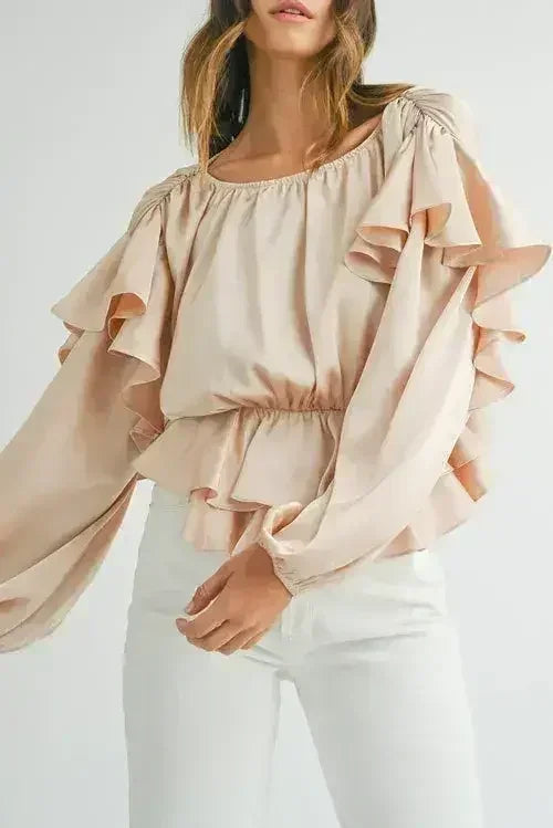 Oatmeal Lace-up Keyhole Back Ruffled Peplum Blouse | Femstylo