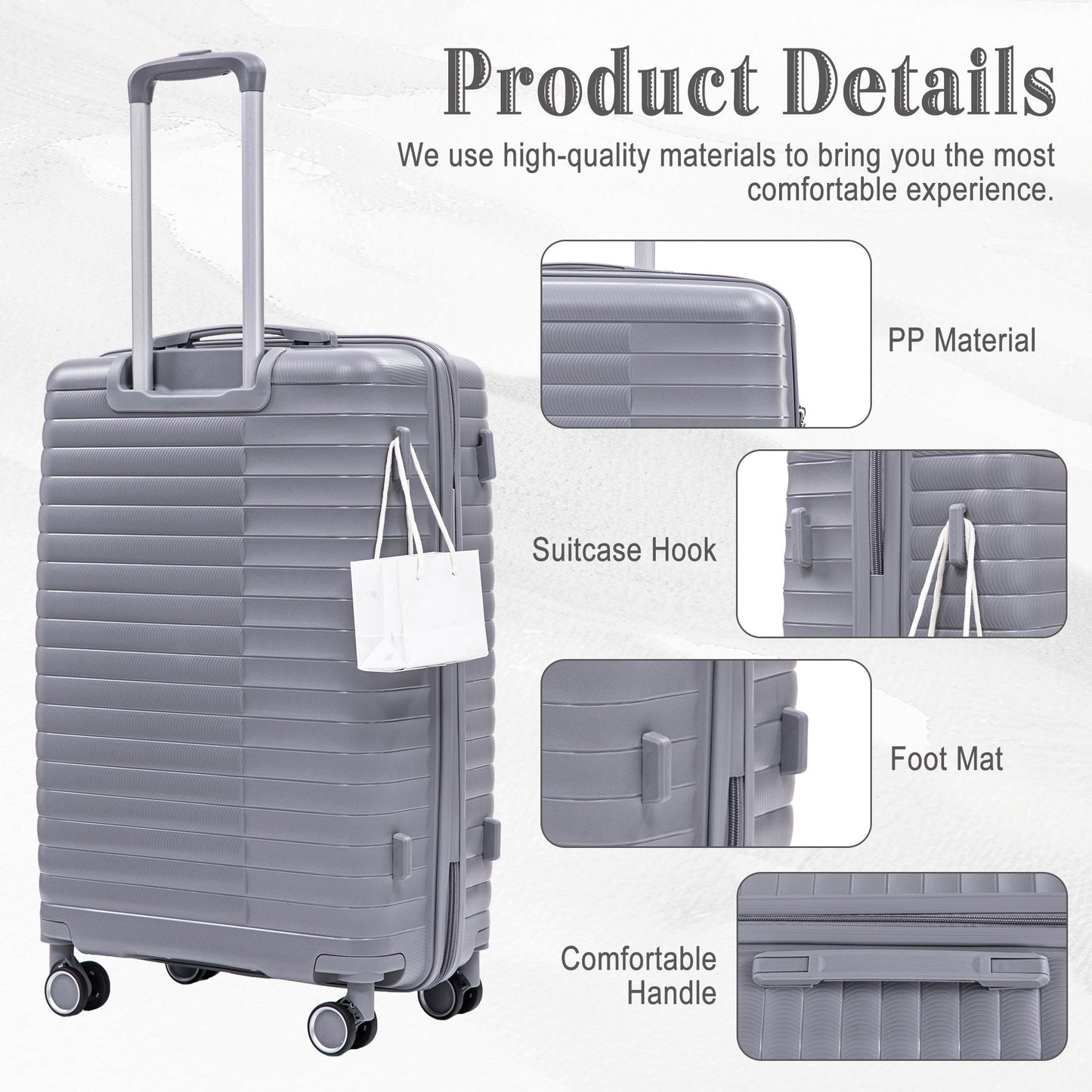 4-Piece PP Spinner Wheel Luggage Set with Cosmetic Case, Light Gray
