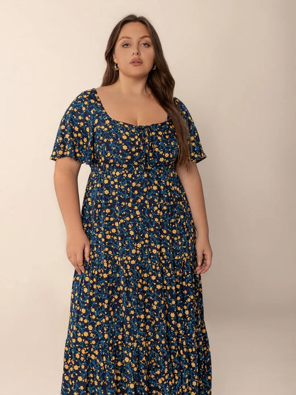 Printed Short Sleeve Slit Tiered Maxi Dress