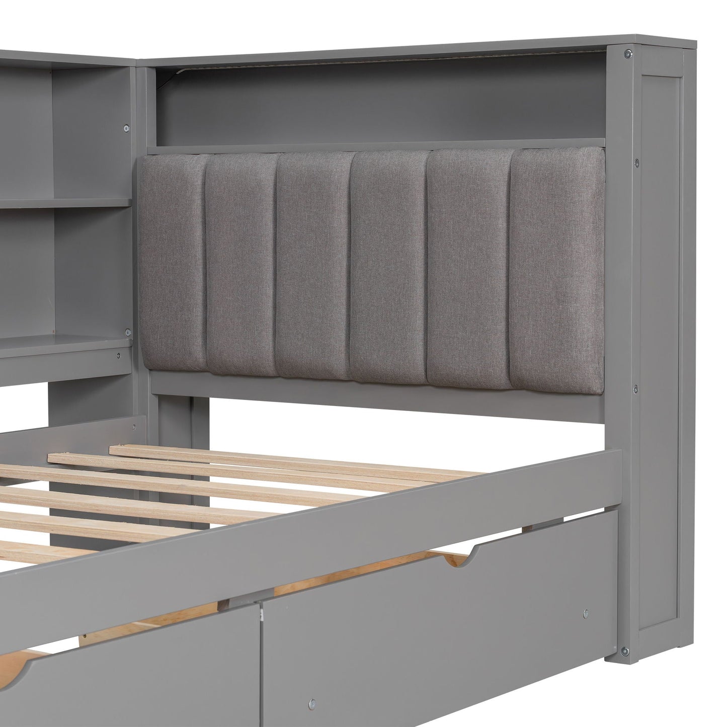 Platform Bed With Upholstered Headboard, Storage Shelves, Drawers, Charging Station, LED Lighting, Built In Desk