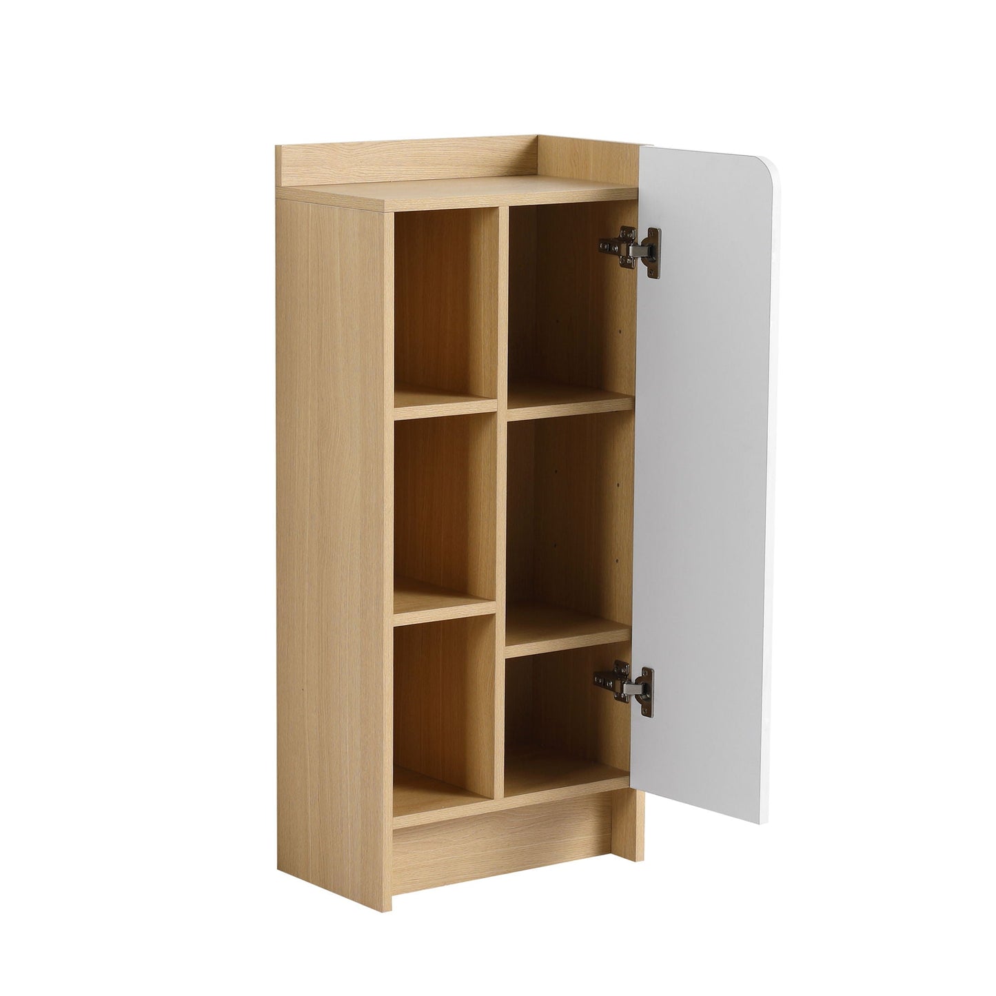 Freestanding Bathroom Side Cabinet, Narrow Storage Cabinet With Single Door & 3 Tier Open Shelves - Black / Light Oak / White