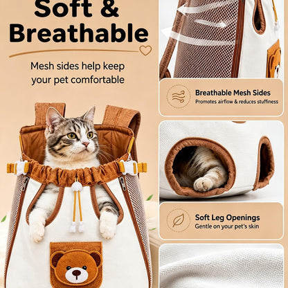 Cute Bear Pet Front Carrier Backpack, Hands Free Chest Carry Bag For Small Dogs Cats, Breathable Legs Out Design Adjustable Secure Buckles For Daily Walking Travel