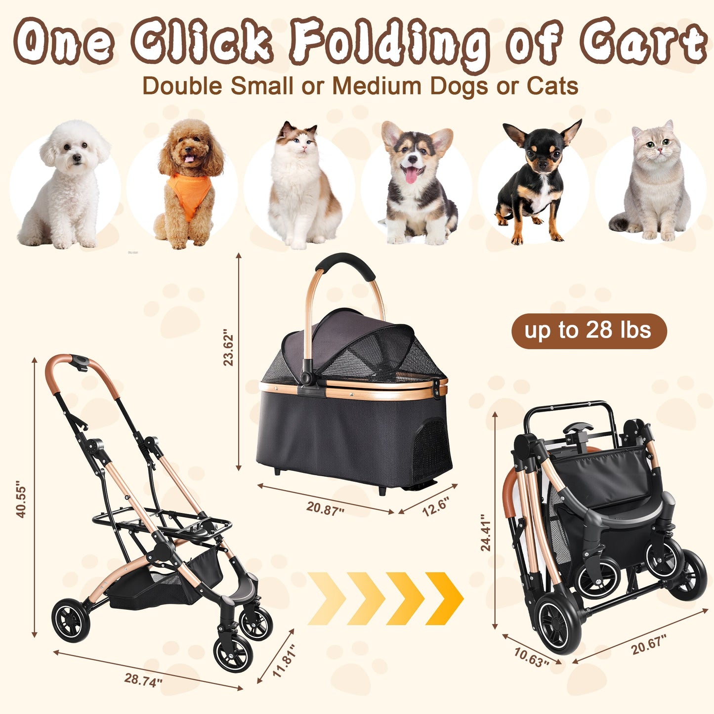 Pet Stroller for Dogs and Cats, 2-in-1 Detachable Foldable Design